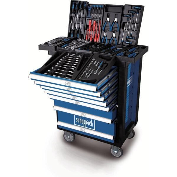 Scheppach Servante d'atelier TW1000 Set d'outils | Chariot d'outillage avec 4 roulettes | 263 pièces incluses | Verrouillable et Mobile | 7 tiroirs