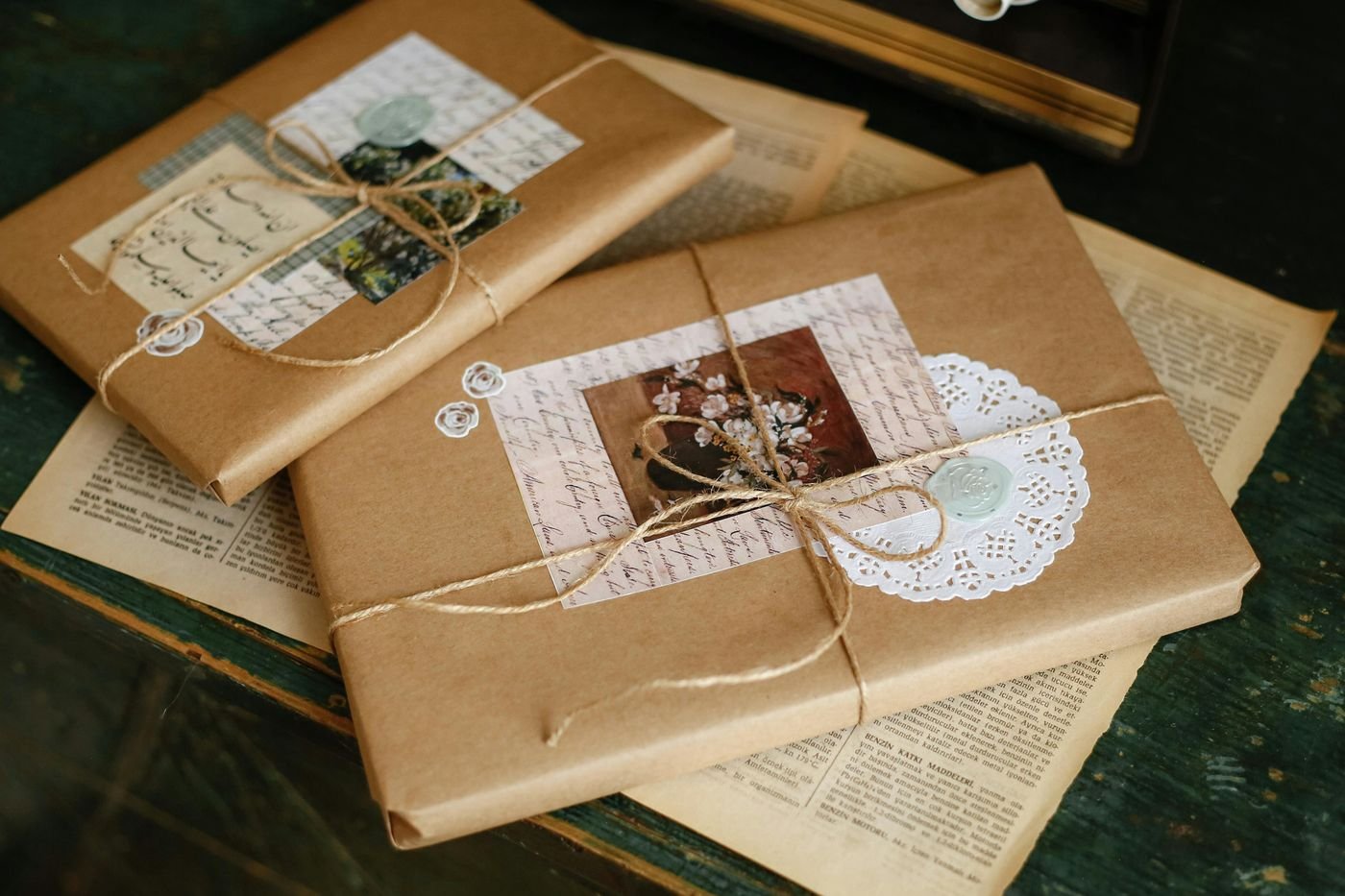 Table d’emballage de cadeaux, papier kraft et rubans